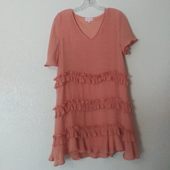 Pink Lily women's M ruffle accent dusty coral colored dress - Picture 1 of 14